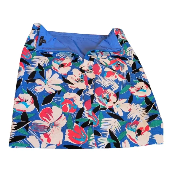 J Crew Basketweave Pencil Skirt Bright Blue Tropical Print Cotton Skirt Size 8