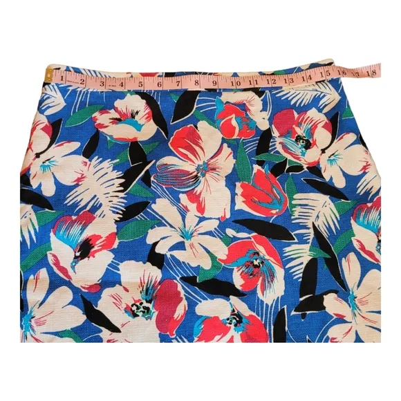 J Crew Basketweave Pencil Skirt Bright Blue Tropical Print Cotton Skirt Size 8