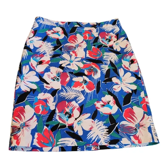 J Crew Basketweave Pencil Skirt Bright Blue Tropical Print Cotton Skirt Size 8