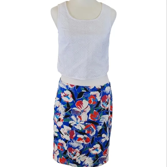 J Crew Basketweave Pencil Skirt Bright Blue Tropical Print Cotton Skirt Size 8
