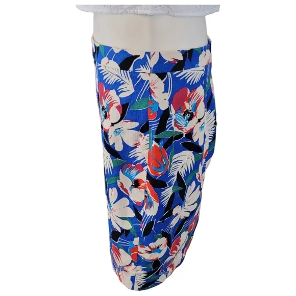 J Crew Basketweave Pencil Skirt Bright Blue Tropical Print Cotton Skirt Size 8