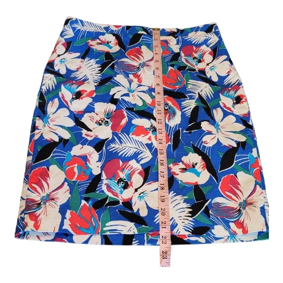 J Crew Basketweave Pencil Skirt Bright Blue Tropical Print Cotton Skirt Size 8