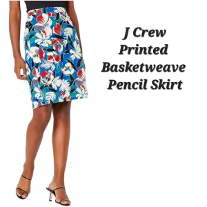 J Crew Basketweave Pencil Skirt Bright Blue Tropical Print Cotton Skirt Size 8