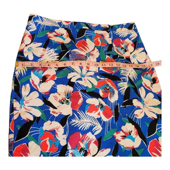 J Crew Basketweave Pencil Skirt Bright Blue Tropical Print Cotton Skirt Size 8