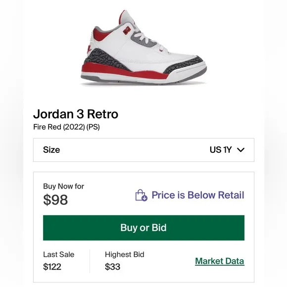 Jordan 3 Retro PS “Fire Red” Youth Size 1Y