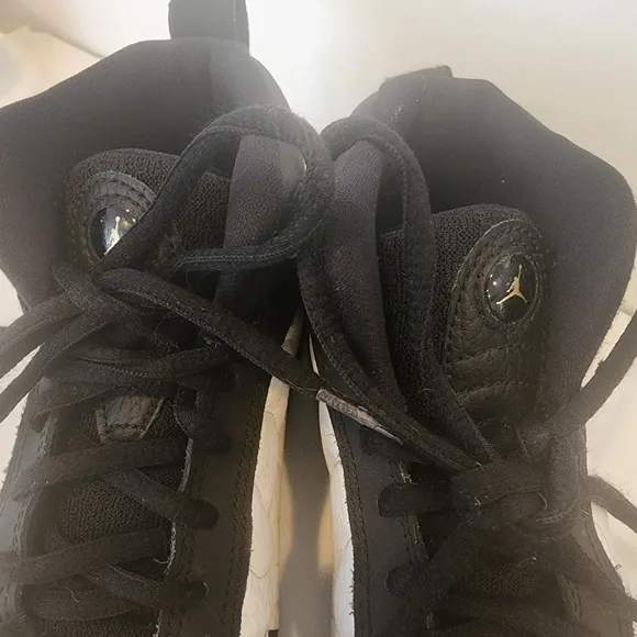 JORDANS,BOYS, SIZE 1, jumpan black and white hi-tops sneakers.