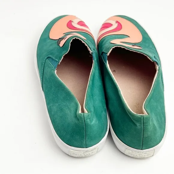 KATE SPADE Selma Green Flamingo Leather Slip On Sneakers, Size 7.5