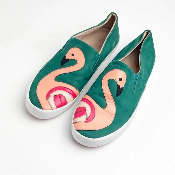 KATE SPADE Selma Green Flamingo Leather Slip On Sneakers, Size 7.5