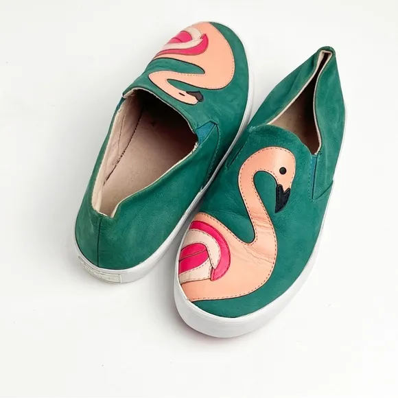 KATE SPADE Selma Green Flamingo Leather Slip On Sneakers, Size 7.5