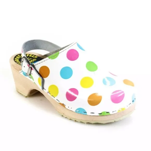 Kids Swedish leather &amp; wooden Polka Dot Clogs - Multicolor