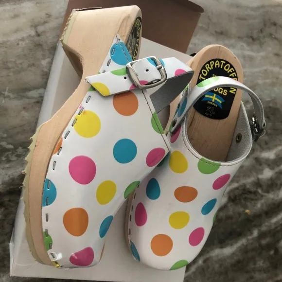 Kids Swedish leather &amp; wooden Polka Dot Clogs - Multicolor