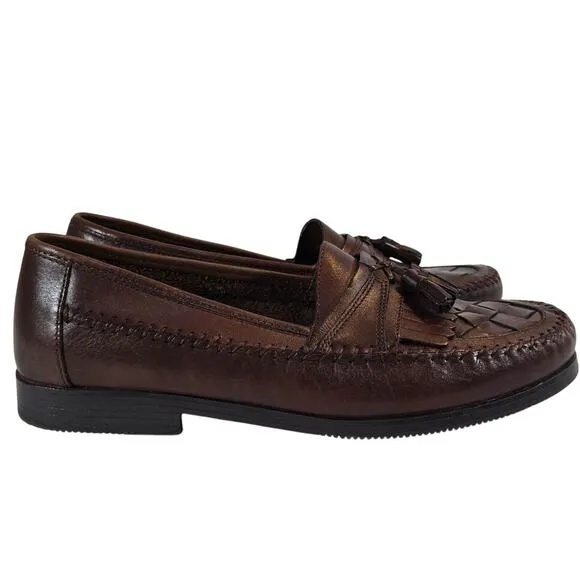 L Giorgio Brutini Classic Brown Leather Loafers Size 10.5 Tassel Woven Slip On