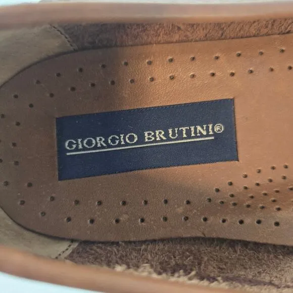 L Giorgio Brutini Classic Brown Leather Loafers Size 10.5 Tassel Woven Slip On