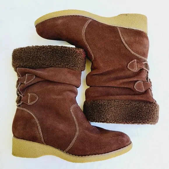 Land's End Women's Brown Suede Mid Calf Fall Winter Boots - size 9.5 B