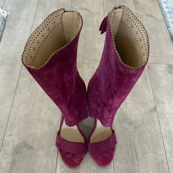 Leon Max Wine Suede Leather Peep Toe Laser Cut Boots Heels 9.5