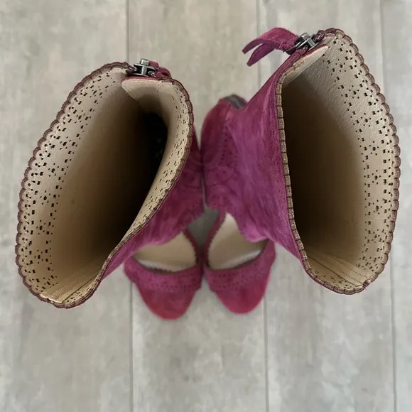Leon Max Wine Suede Leather Peep Toe Laser Cut Boots Heels 9.5