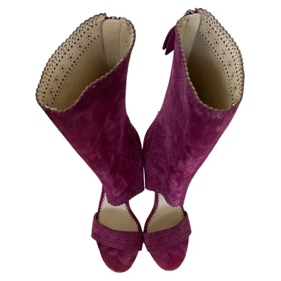 Leon Max Wine Suede Leather Peep Toe Laser Cut Boots Heels 9.5