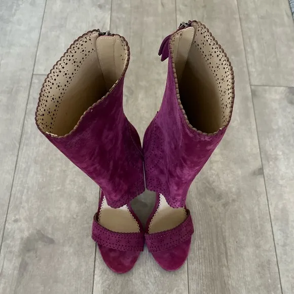Leon Max Wine Suede Leather Peep Toe Laser Cut Boots Heels 9.5