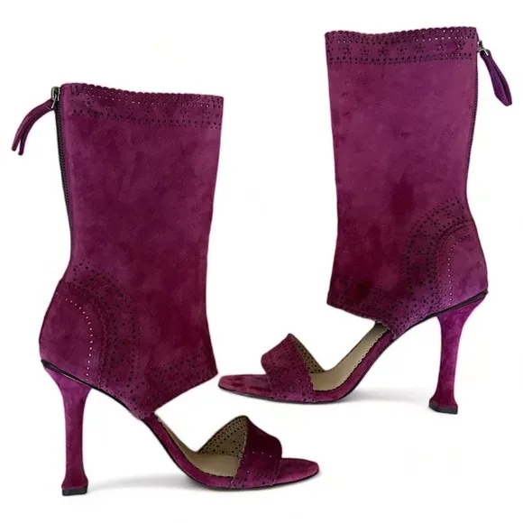 Leon Max Wine Suede Leather Peep Toe Laser Cut Boots Heels 9.5