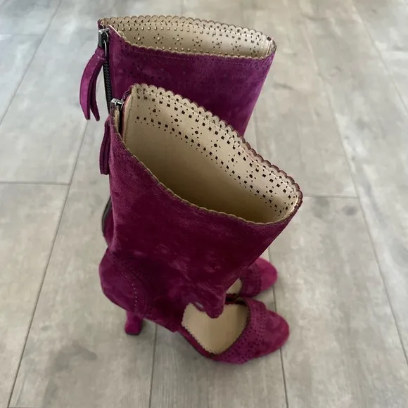 Leon Max Wine Suede Leather Peep Toe Laser Cut Boots Heels 9.5