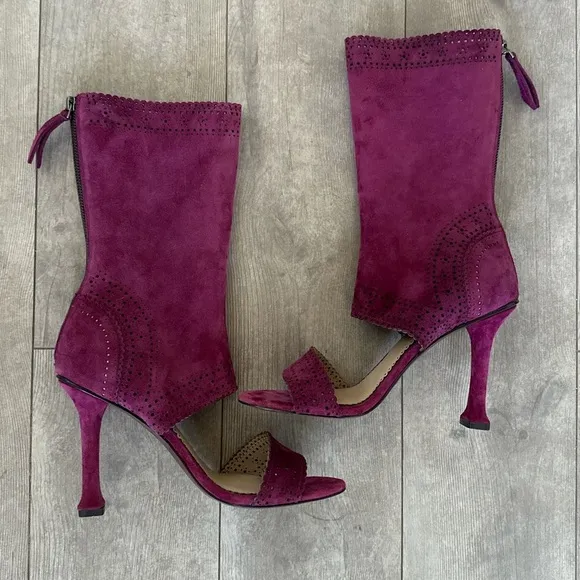 Leon Max Wine Suede Leather Peep Toe Laser Cut Boots Heels 9.5
