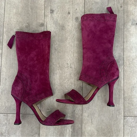 Leon Max Wine Suede Leather Peep Toe Laser Cut Boots Heels 9.5