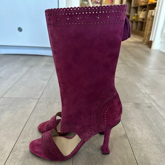 Leon Max Wine Suede Leather Peep Toe Laser Cut Boots Heels 9.5