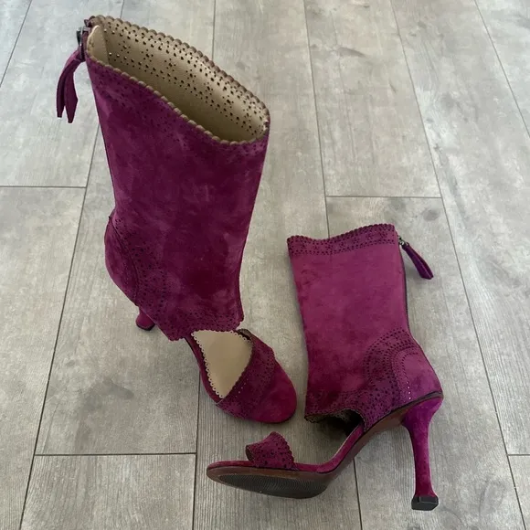 Leon Max Wine Suede Leather Peep Toe Laser Cut Boots Heels 9.5