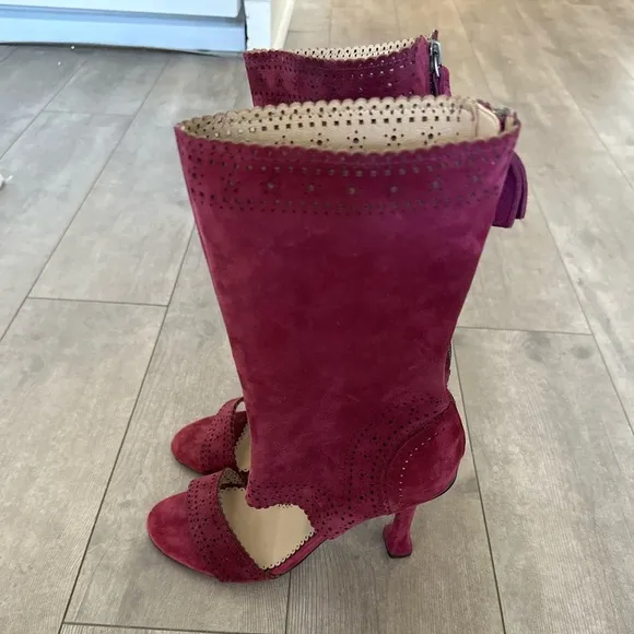 Leon Max Wine Suede Leather Peep Toe Laser Cut Boots Heels 9.5