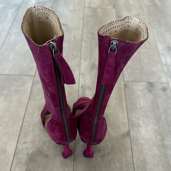 Leon Max Wine Suede Leather Peep Toe Laser Cut Boots Heels 9.5