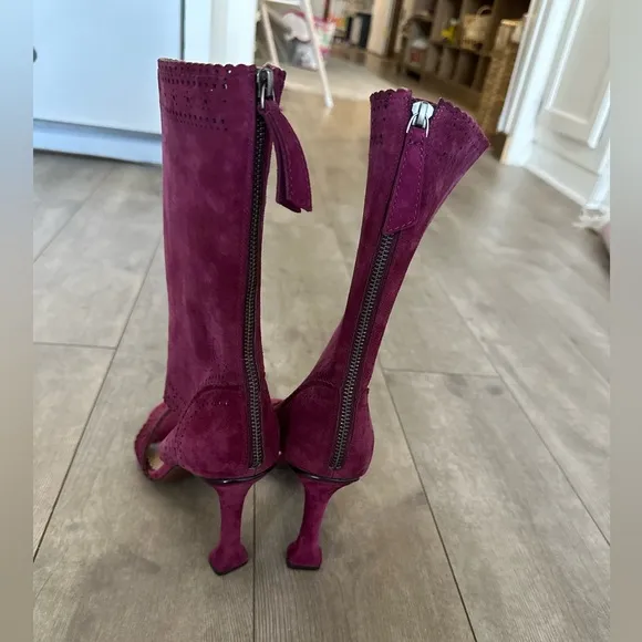 Leon Max Wine Suede Leather Peep Toe Laser Cut Boots Heels 9.5