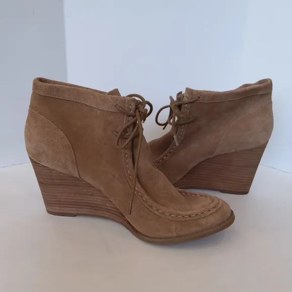Lucky Brand Ysabel tan suede leather lace  wedge booties