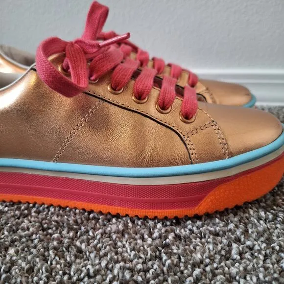 Marc Jacobs Women's 37 Empire Leather Lace Up Platform Gold Sneakers
