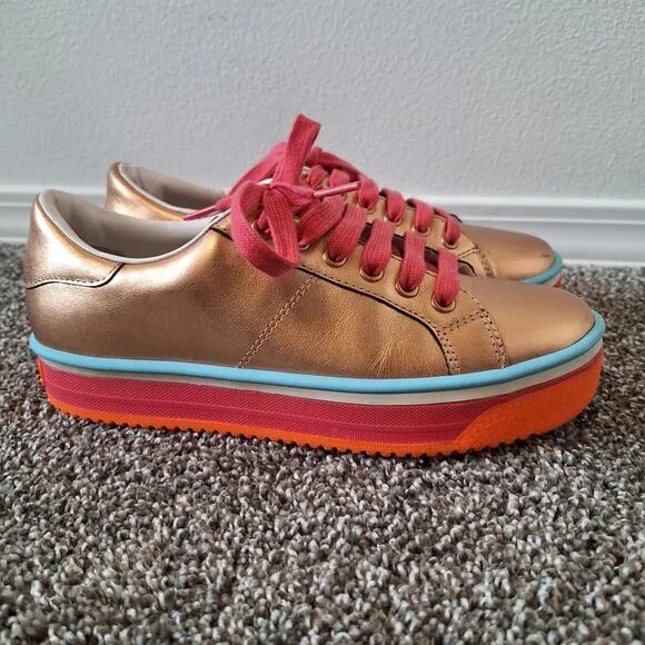 Marc Jacobs Women's 37 Empire Leather Lace Up Platform Gold Sneakers