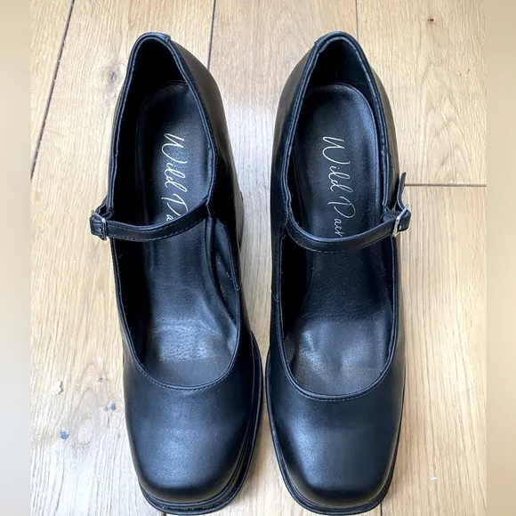 Mary Jane Buckled Black Platform Pumps