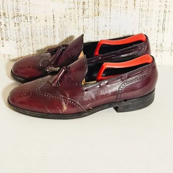 Mens Size 8 D Florsheim Wingtip Tassel Loafers Slip‎ On Leather Burgundy