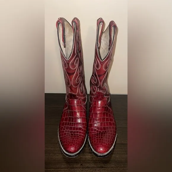 Men's SZ 10 Cowboy Western Boots Exotic Handmade Dan Post Alligator RED