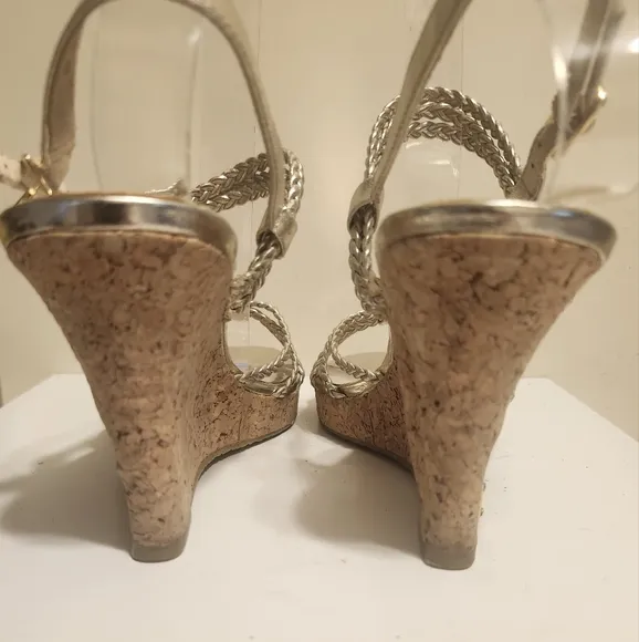 Michael Kors Gold Metallic Leather Wedge Heel Strappy Sandals Sz. 7 Ret. $229