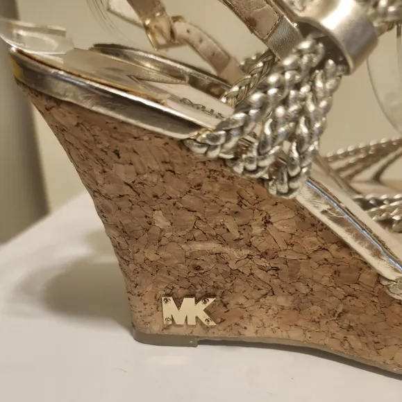 Michael Kors Gold Metallic Leather Wedge Heel Strappy Sandals Sz. 7 Ret. $229