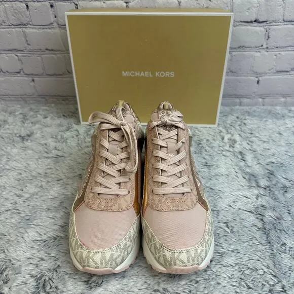 Michael Kors Maddy Two-Toned Pink Rose Gold Logo Lace Up Sneakers Size 7M New*