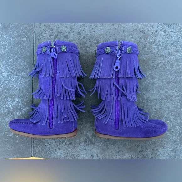 Minnetonka Girls EUC 3 Layer Purple Fringe Suede Leather Calf Boots
