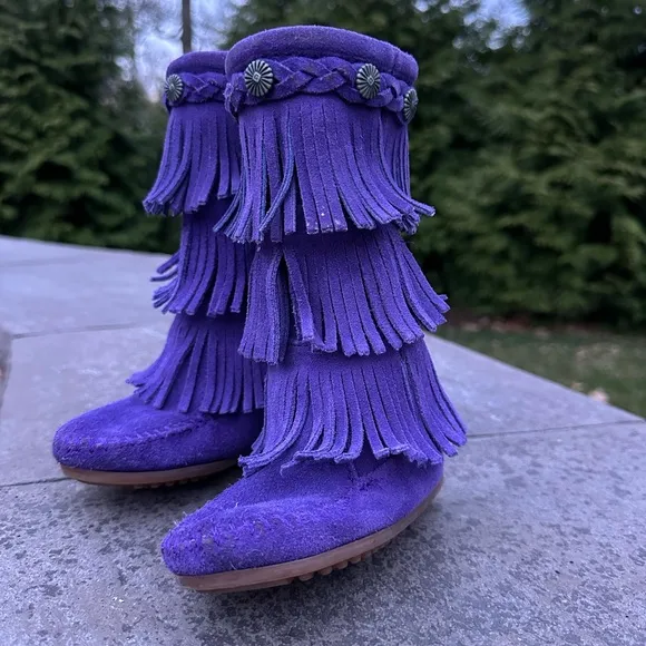 Minnetonka Girls EUC 3 Layer Purple Fringe Suede Leather Calf Boots