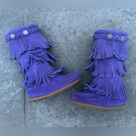 Minnetonka Girls EUC 3 Layer Purple Fringe Suede Leather Calf Boots