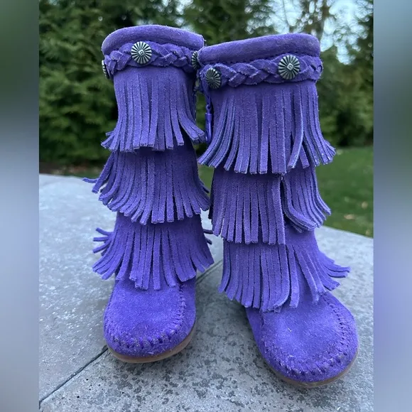 Minnetonka Girls EUC 3 Layer Purple Fringe Suede Leather Calf Boots