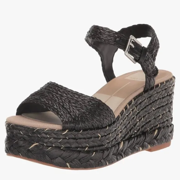 New Dolce Vita Sandals Tiago Raffia Black Wedge Strappy Buckle Platform