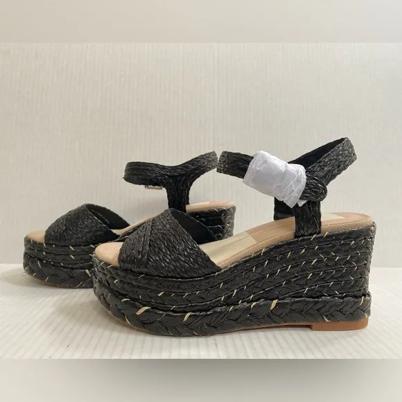 New Dolce Vita Sandals Tiago Raffia Black Wedge Strappy Buckle Platform