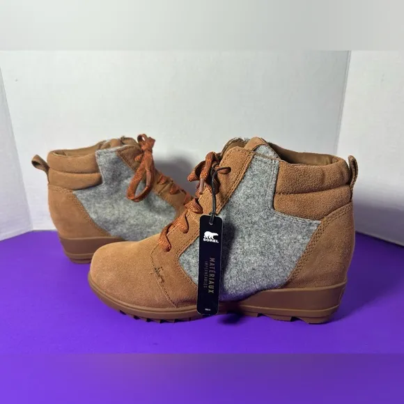 New Sorel Evie Brown Gray Suede Boots Waterproof 7.5