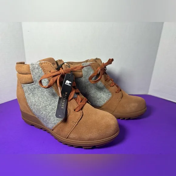 New Sorel Evie Brown Gray Suede Boots Waterproof 7.5