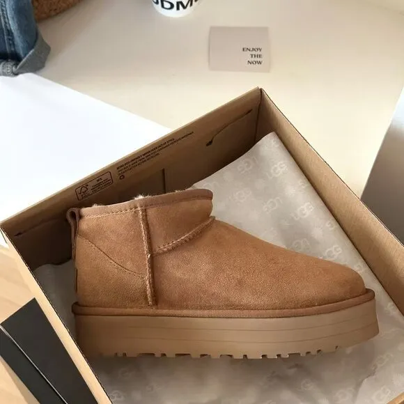 NEW UGG CLASSIC ULTRA MINI PLATFORM CHESTNUT SUEDE WOMEN'S BOOTS
