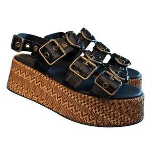 NIB Free People Amor Flatform Sandals Women's Size 9 M Black Gold Weave Platform
